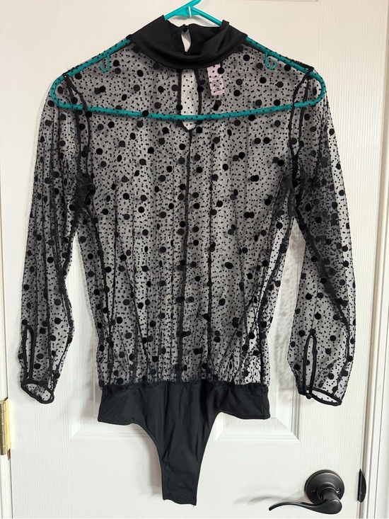 Victoria's Secret Tops - Victoria's Secret Black Sheer Polka Dot Long Sleeve mock neck Bodysuit Sexy S